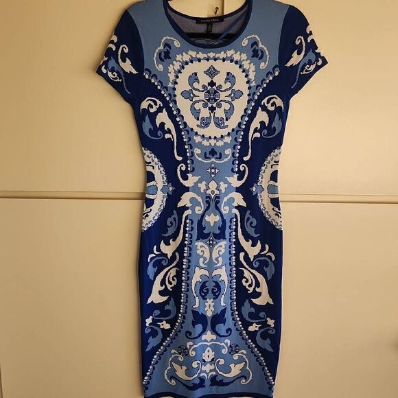 Cynthia Steffe Delft Blue Pattern Bodycon Knit Dress, Med - Picture 1 of 8